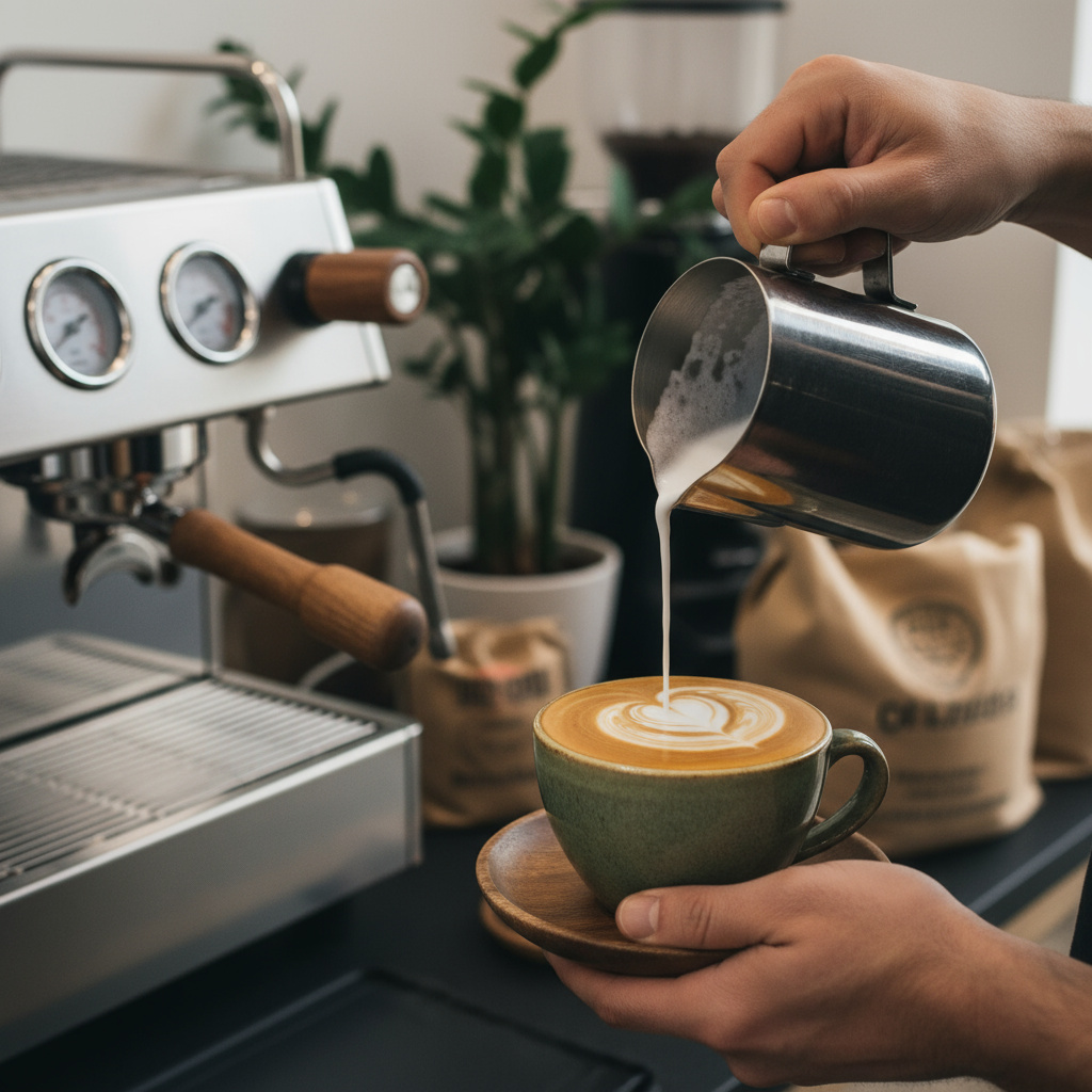 Barista vertiendo arte latte en Café Tonic Barcelona